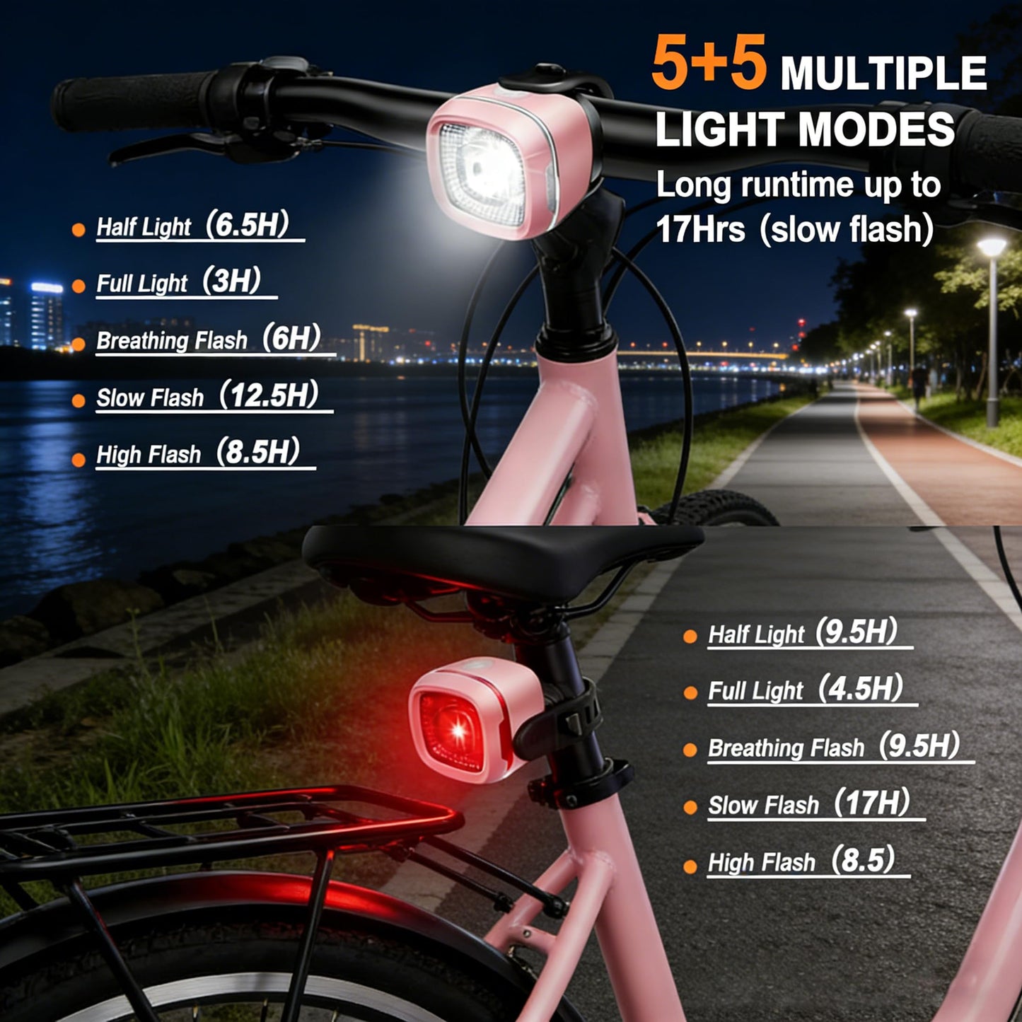 G2FS LITH Bicycle Front & Rear Lights, Type-C Rechargeable LED Bike Light Set, IPX6 Waterproof Flashlight for Night Riding, Safety Headlight Taillight, Kids Girls Children's Bicycle Accessories (Pink)