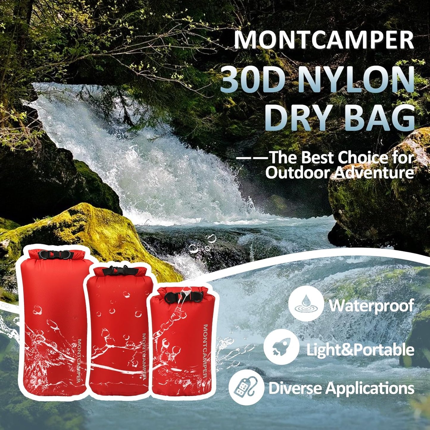 Waterproof Dry Bag 3-Pack | 5L, 10L, 20L - Lightweight 30D Nylon Roll Top Sacks for Kayaking, Camping & Fishing (Red)