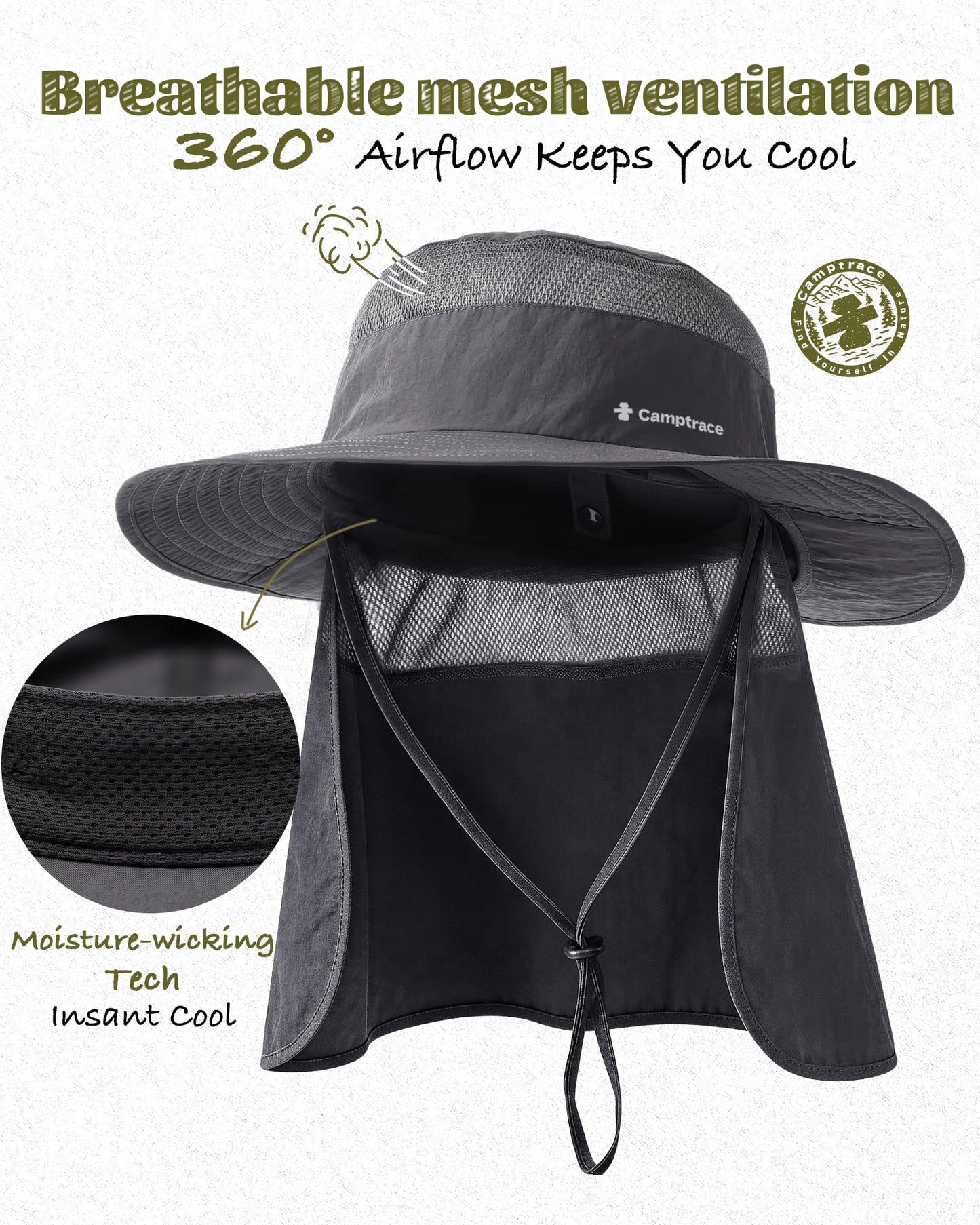 Camptrace Wide Brim Men Sun Hat with Neck Flap UPF Fishing Hiking Gardening