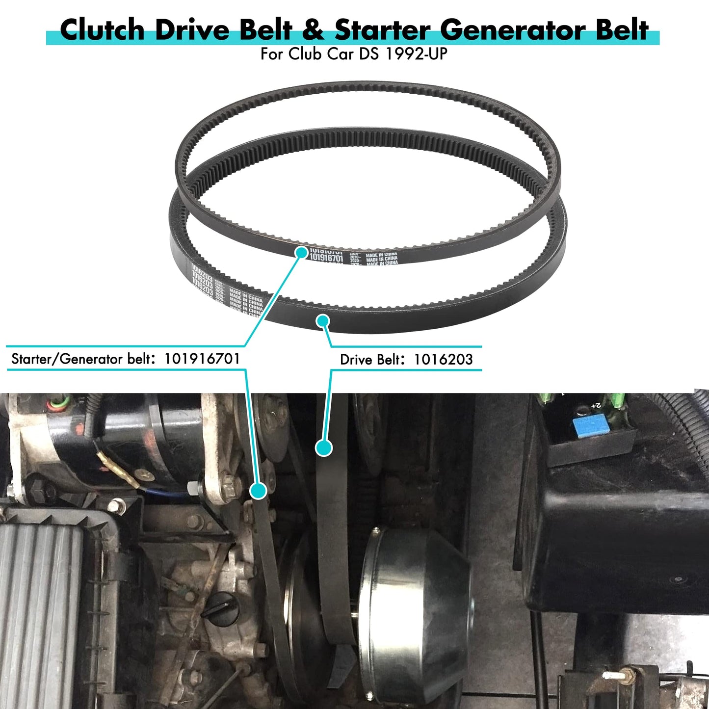 10L0L Golf Cart DS Tune Up Kit W/Clutch Drive Belt &Generator Belt fit 1992-2004 Club Car DS Gas Models with FE290,FE350 Kawasaki Motor, Incl. Air & Oil Fuel Filters Spark Plug,OEM 1025582, 101916701