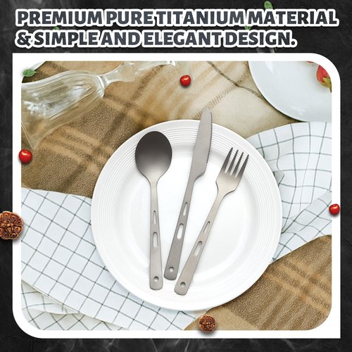 6 Pcs Pure Titanium Fork Spoon Knife Camping Utensils Set Portable Titanium Cutlery, Lightweight Travel Tableware Utensil Set with Carrying Bag for Outdoor Camping Backpacking Picnic Hiking