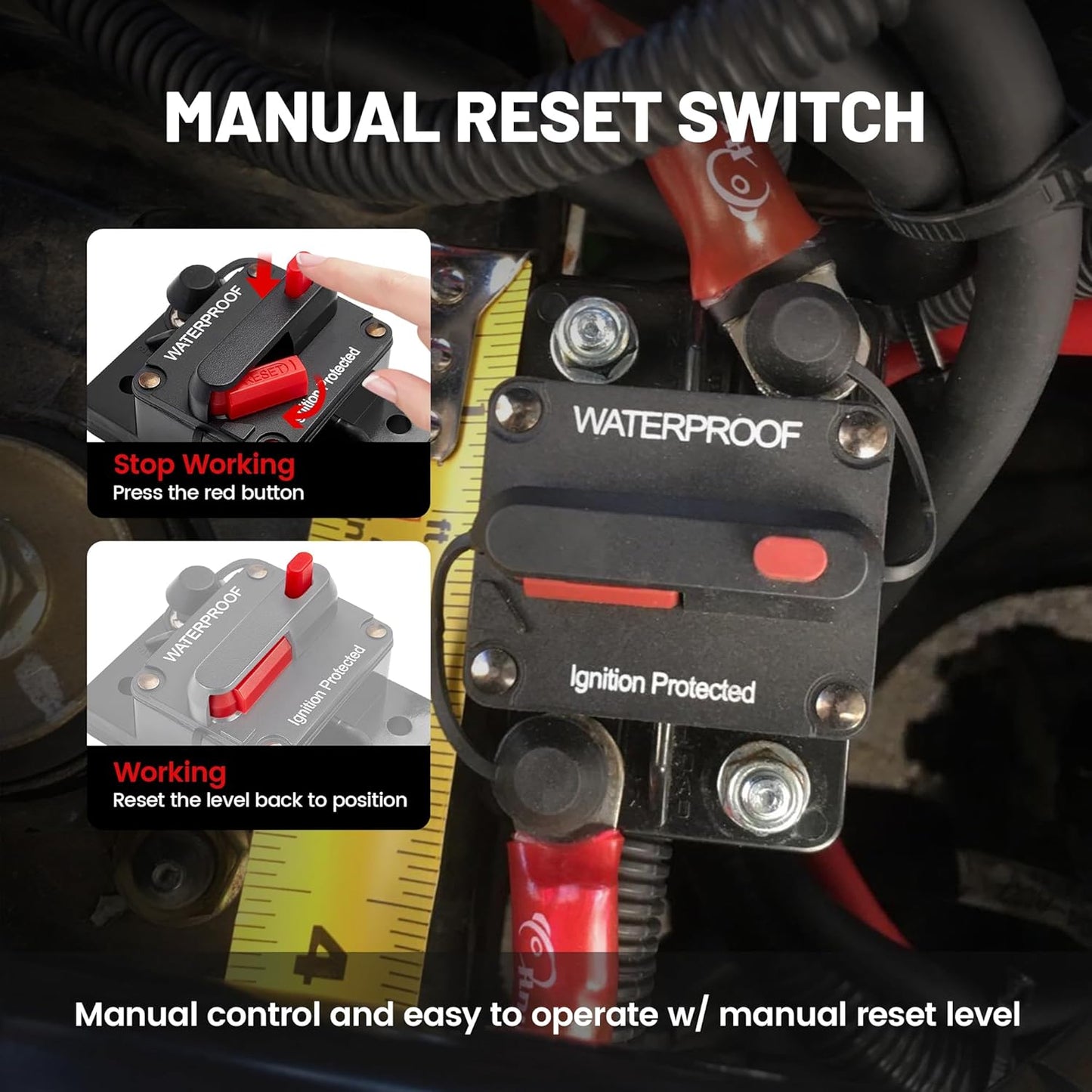 RED WOLF Waterproof 100Amp Circuit Breaker - Manual Reset Switch for Marine & ATV Battery Systems 12V-48V DC