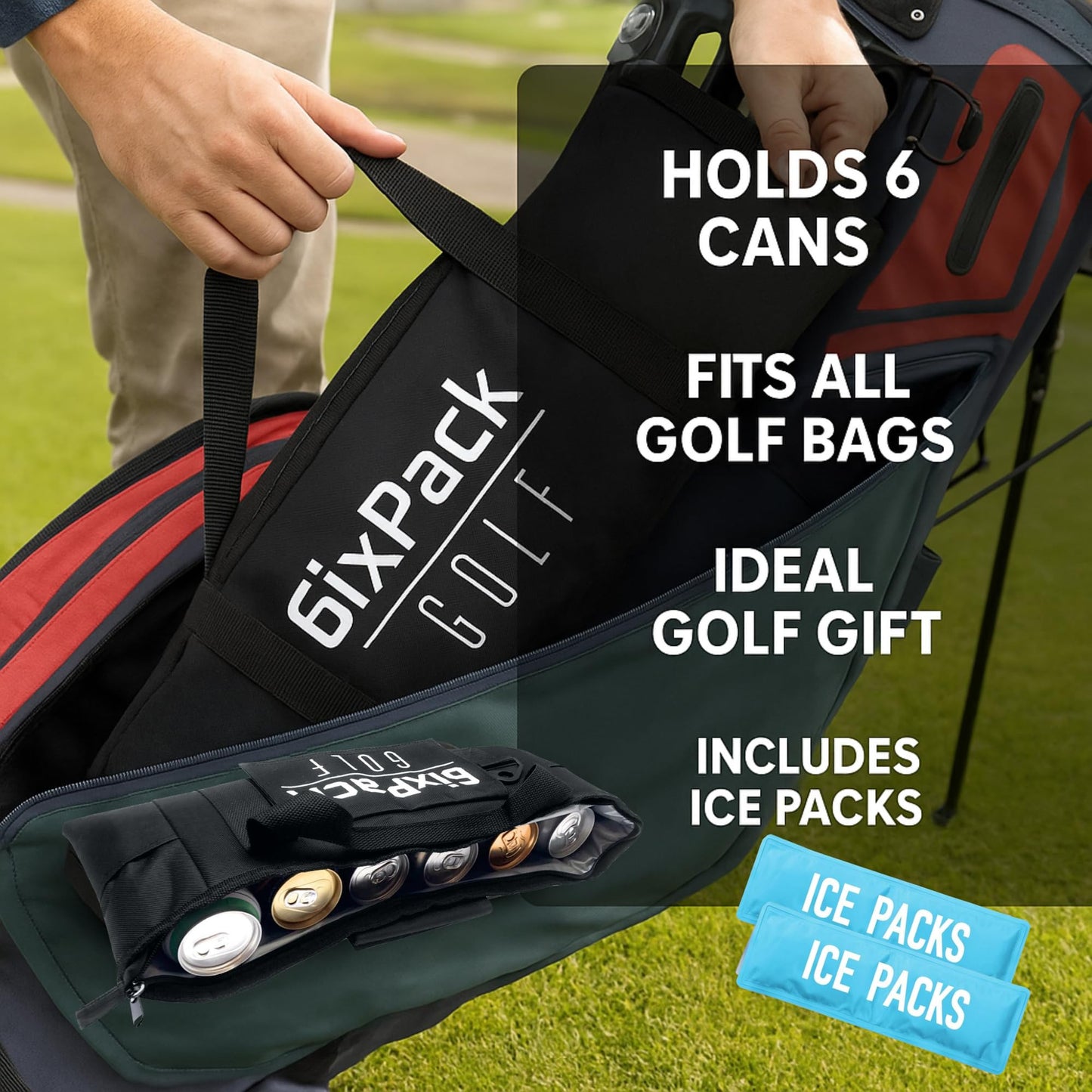 6ixPack Golf Golf Cooler Bag with 2 Ice Packs – Best-Rated Insulated Beer Sleeve Holds 6 Cans or 2 Wine Bottles, Keeps Drinks Cold 6–8 Hours, Fits Most Golf Bags – Accessories for Men