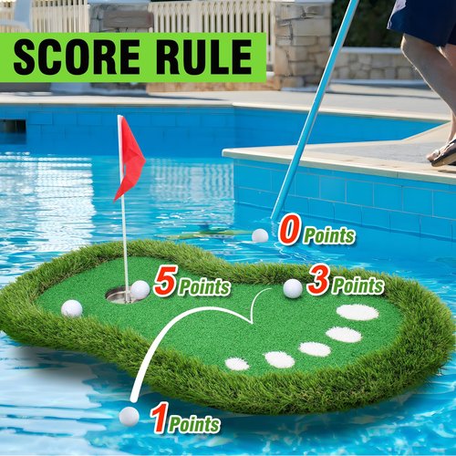 LightZon Floating Golf Green for Pools - Golf Putting Green Set Includes Chipping Mat, 5 Balls, Cup, Flag, Tee, Improve Skills