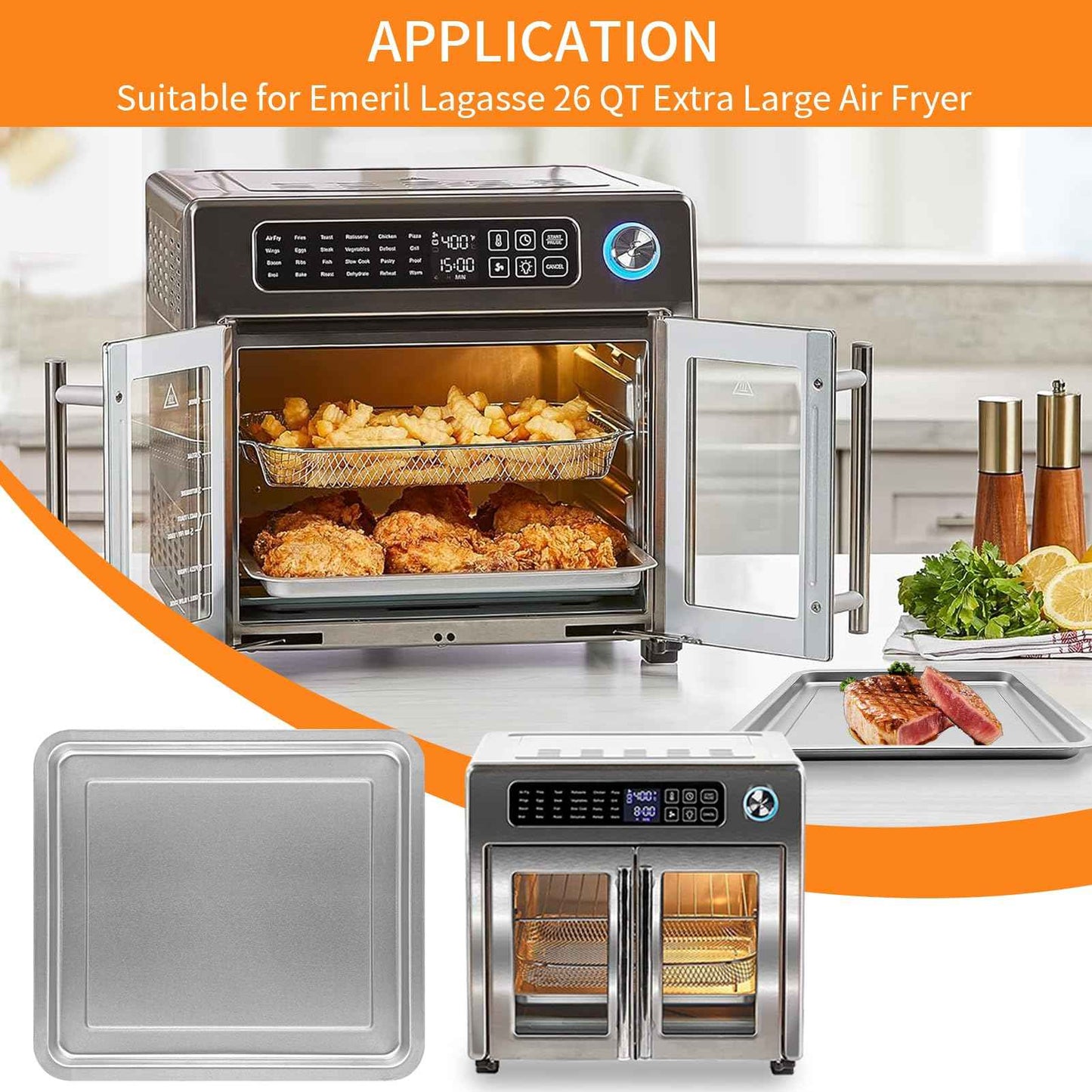 GWBSXM Air Fryer Grill Pan for Emeril Lagasse 26 QT Extra Large Air Fryer, 12.5''×11.3'' Stainless Steel Air Fryer Tray Accessories Grill Plate Crisper Plate Replacement Parts Rack