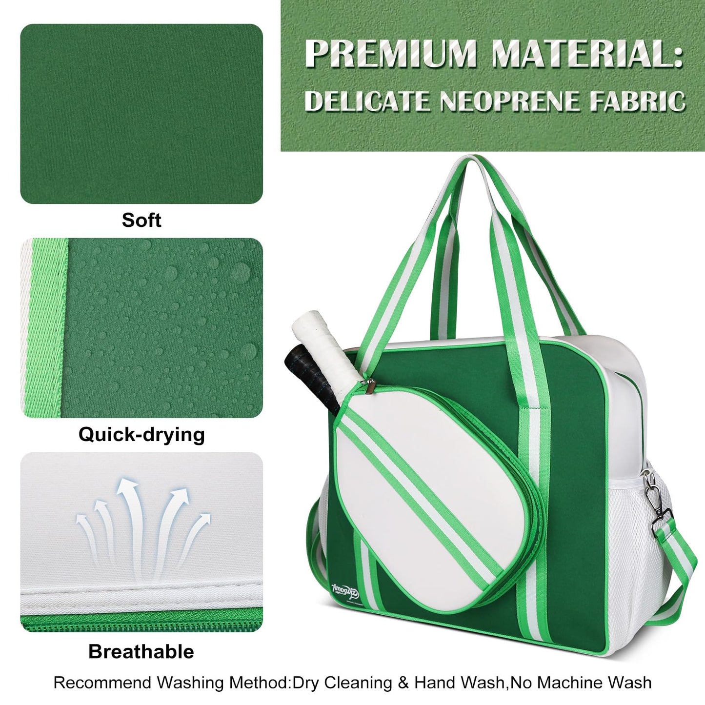 Amoswiz Pickleball Bags for Women, Green Pickle Ball Bag Tote, Neoprene Crossbody Pickleball Sling Bag Outfits for Women Extra Large