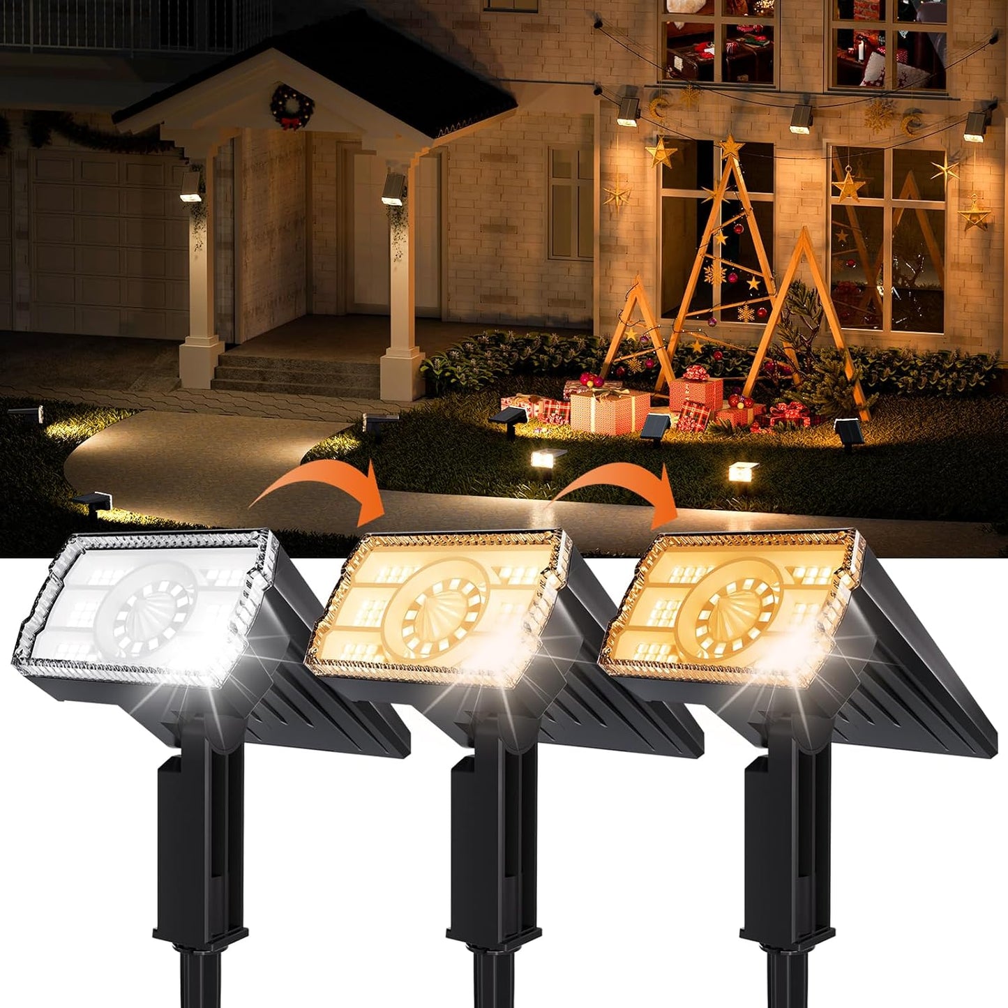 Adjustable Solar Spot Lights Outdoor - 3 Color Modes, IP67 Waterproof, 2-in-1 Wall & Pathway Lighting for Garden, Yard, Patio & Landscape