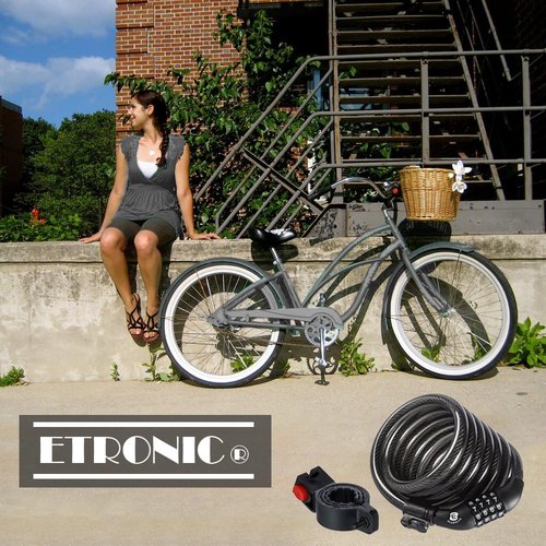 Etronic Bike Lock M6 - 6 Feet Long Coiled Security Cable Lock with Resettable Combo | Mounting Bracket Included