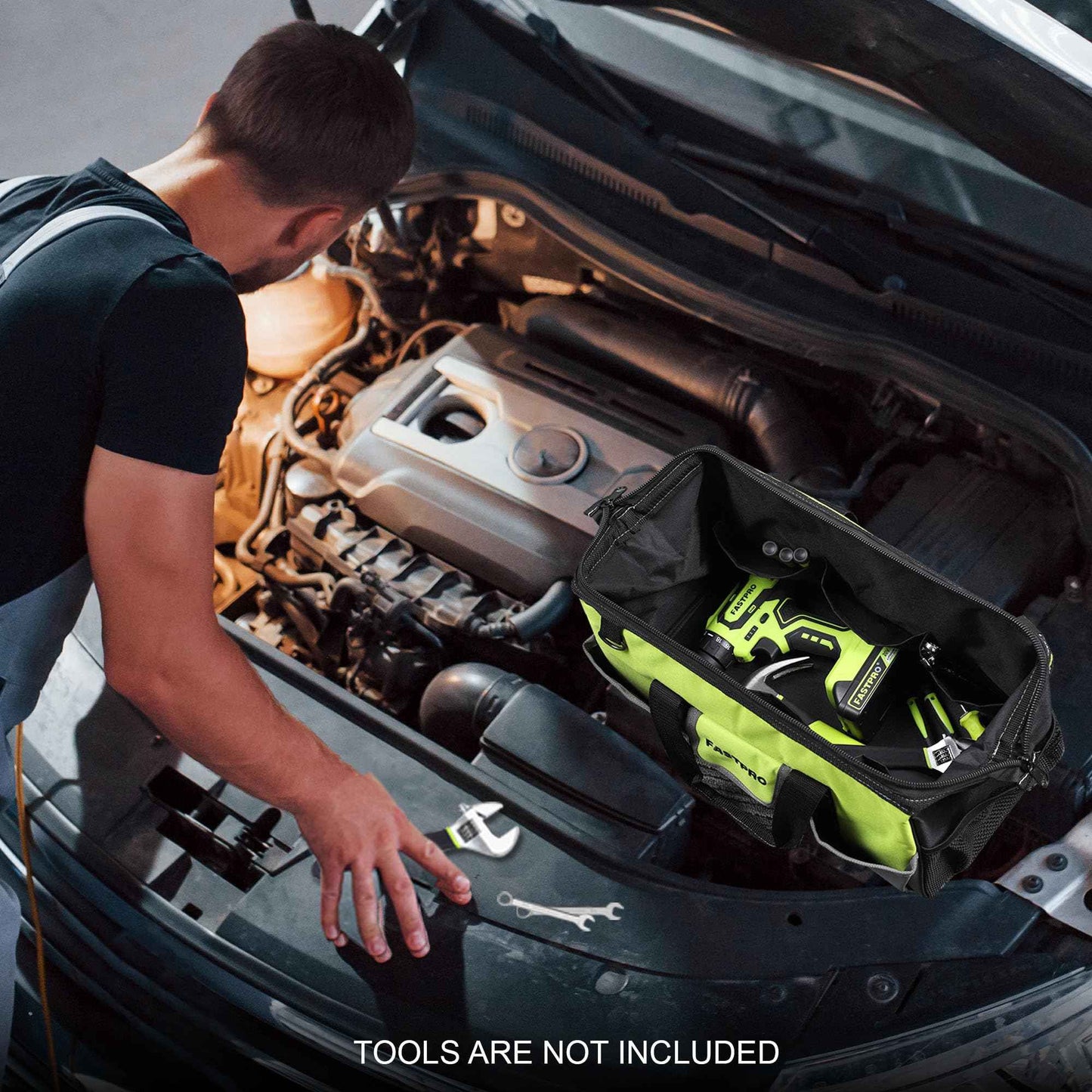 FASTPRO 13-inch Wide Mouth Tool Bag, Multi-pocket Tool Organizer with Adjustable Shoulder Strap