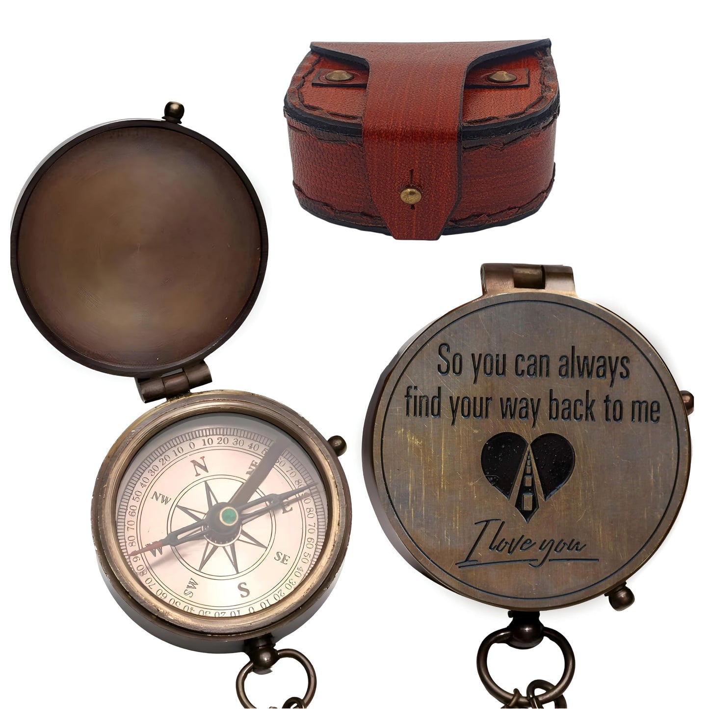 Engraved Brass Compass- Personalized Sundial Compass, Viking Compass Gift to Her, Nautical Gift for Boyfriend Perfect and Unique Gift with Leather Case