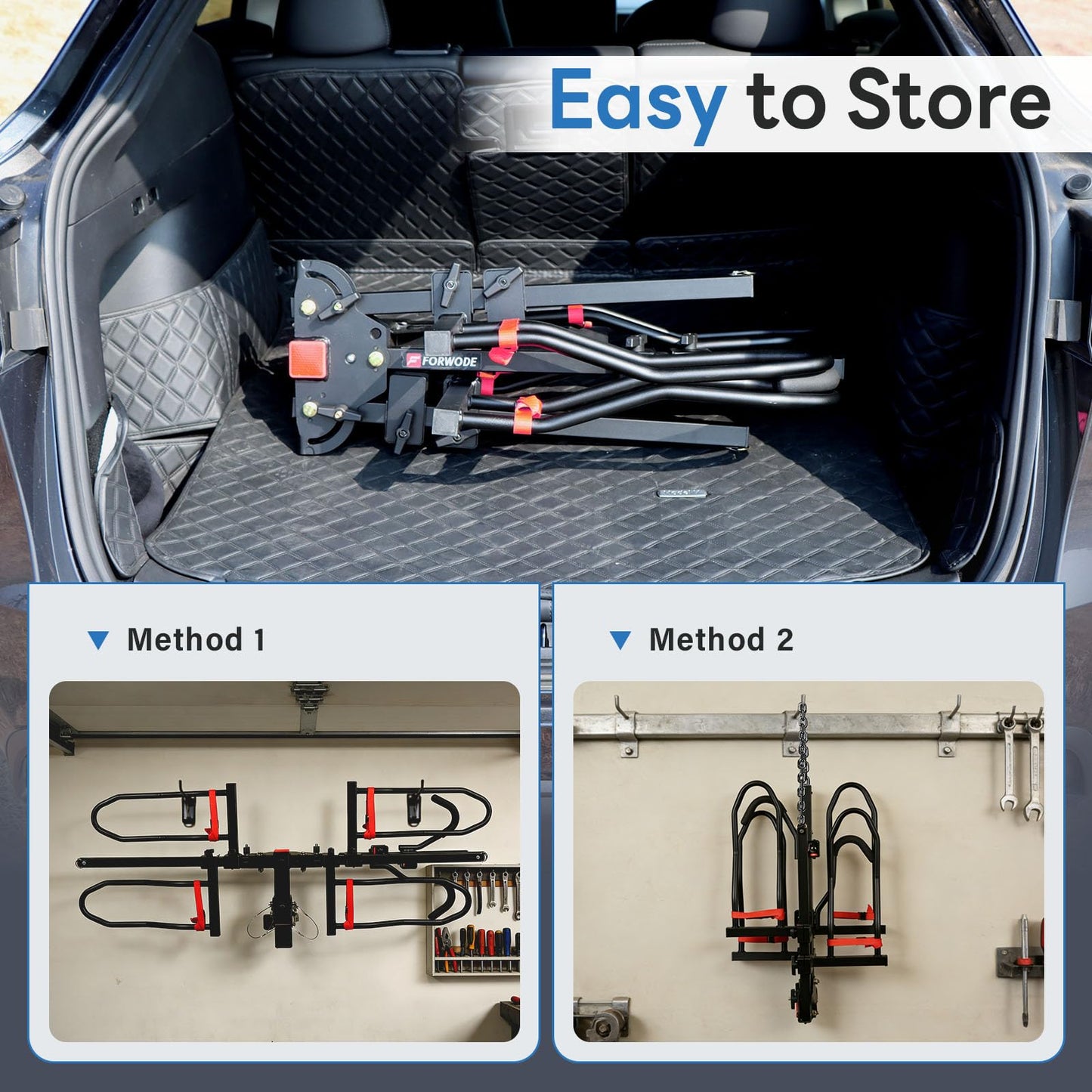 FORWODE Bike Rack Hitch for Car, 200 LB 2-Bike Racks with Hitch Lock, Wobble Free Smart Tilting Folding Hitch Mount Bike Rack for 2 Inch Receiver, Bike Carrier Fits Up to 5 Inch Fat Tire for Car