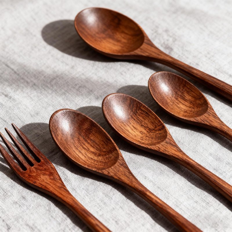 cobee Wooden Spoon and Fork for Eating,8Pcs Wood Dinner Utensil Set Handmade Reusable Kitchen Wooden Flatware Tableware Cutlery Set for Stirring Cooking Camping Party 9 Inch