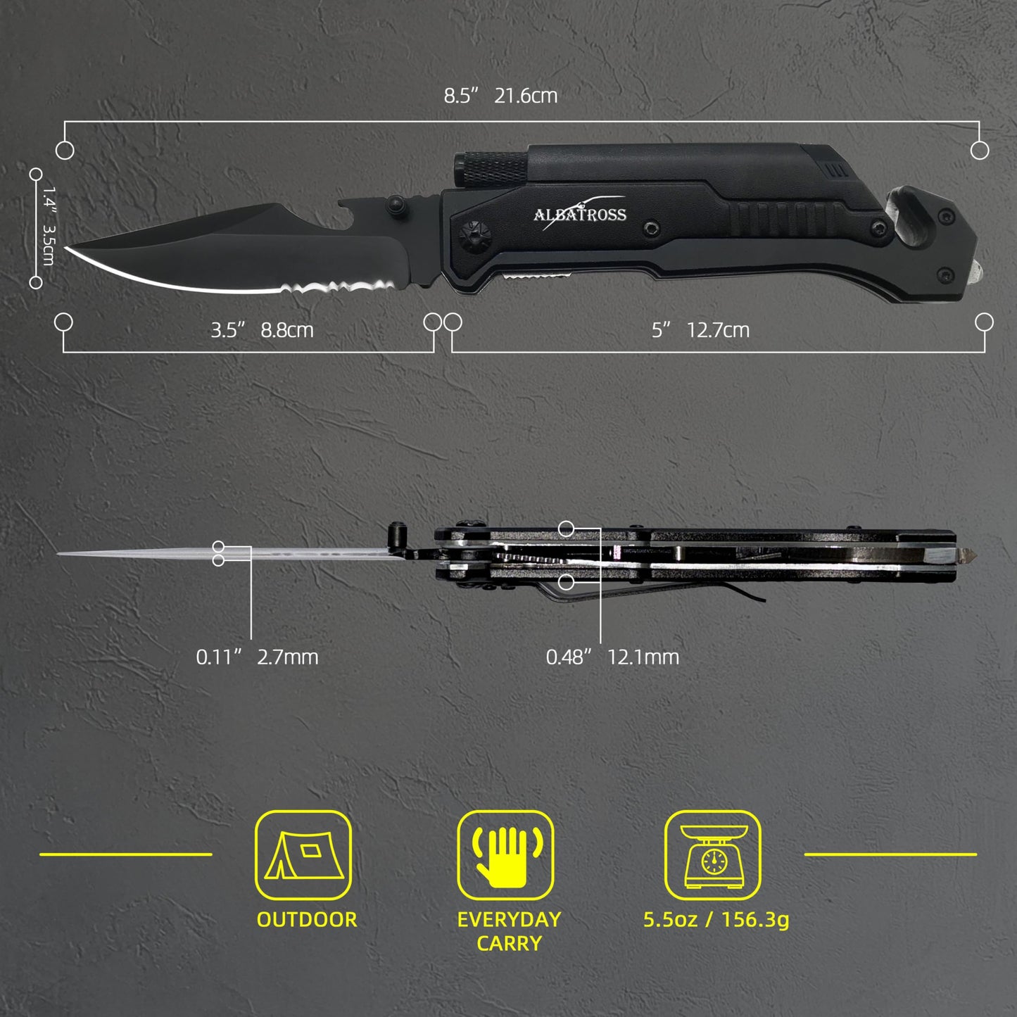 Father's Day, Mother's Day & Birthday Gifts For Men/Women: ALBATROSS 7-in-1 Tactical Survival Knife - Glass Breaker, Seatbelt Cutter, Serrated Steel Blade, Firestarter, LED Flashlight, Bottle Opener & Pouch | Military, Emergency, Outdoor Rescue Gear For D