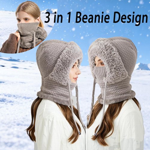 3 in 1 Beanie Hat with Scarf and Mask, Women’s Plush-Lined Winter Balaclava, Wind-Resistant Knitted Hooded Scarf & Ski Mask Set for Cold Weather (Grey)