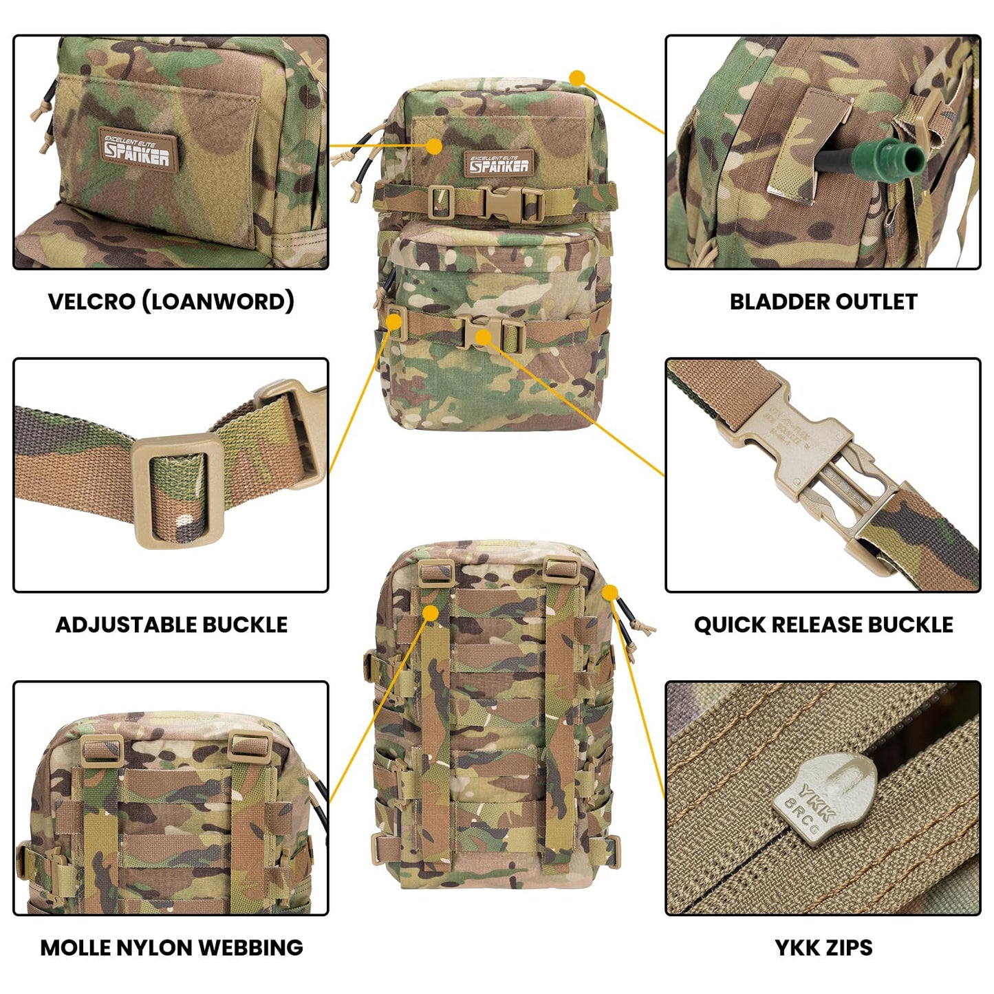 EXCELLENT ELITE SPANKER Tactical Small MOLLE Hydration Pack Water Bladder Carrier Pack for Tactical Vest Backpack Plate Carrier (Multicam-Nylon)