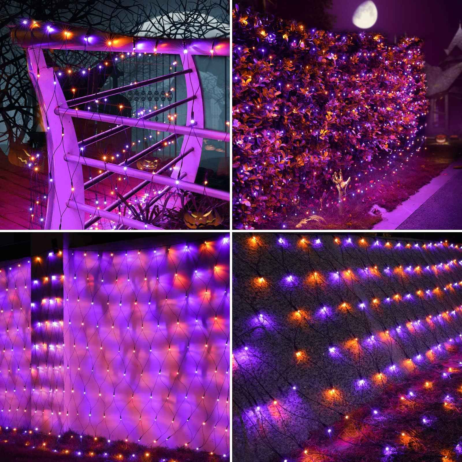 iBaycon 4ft x 6ft Halloween Net Mesh Lights, 8 Modes Timer Connectable Waterproof Bush Mesh Netting Lights for Halloween Outdoor Decorations (Orange Purple, 1PACK)