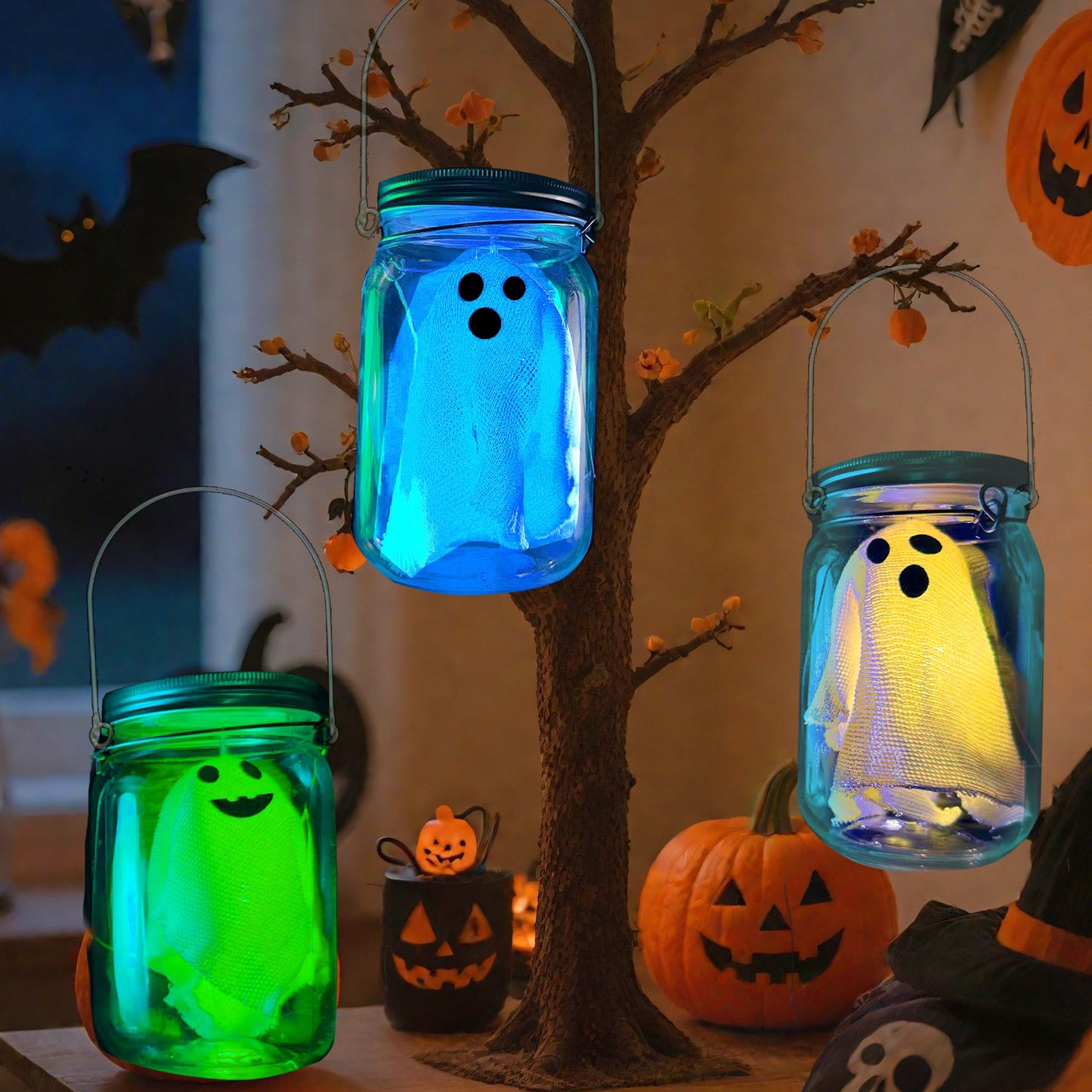 mishunyus 3 Pack Halloween Crafts for Kids -Light up Ghost Lantern DIY Jars Kit, Halloween Crafts for Kid Ages 4-12, Indoor/Outdoor Haunted House Decor