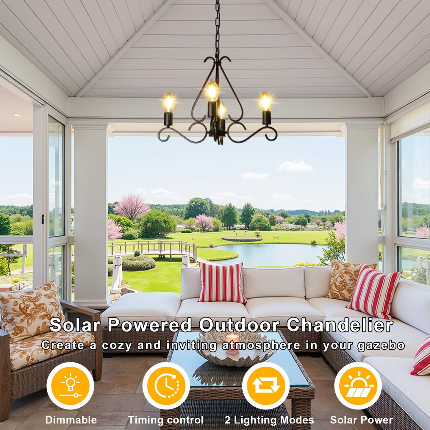 TWINKVILLA Solar Chandelier Outdoor, 4-Lights 23" Rustic Farmhouse Industrial Iron Chandeliers Waterproof Dimmable Hanging Pendant Lights for Gazebo, Pergola, Canopy, Tent Decor