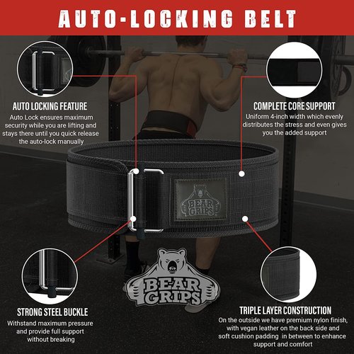 Bear Grips Weight Lifting Belt - Locking Buckle, Nylon, Squat & Deadlift Belt, Workout & Exercise Belt | Stealth Black (Medium)