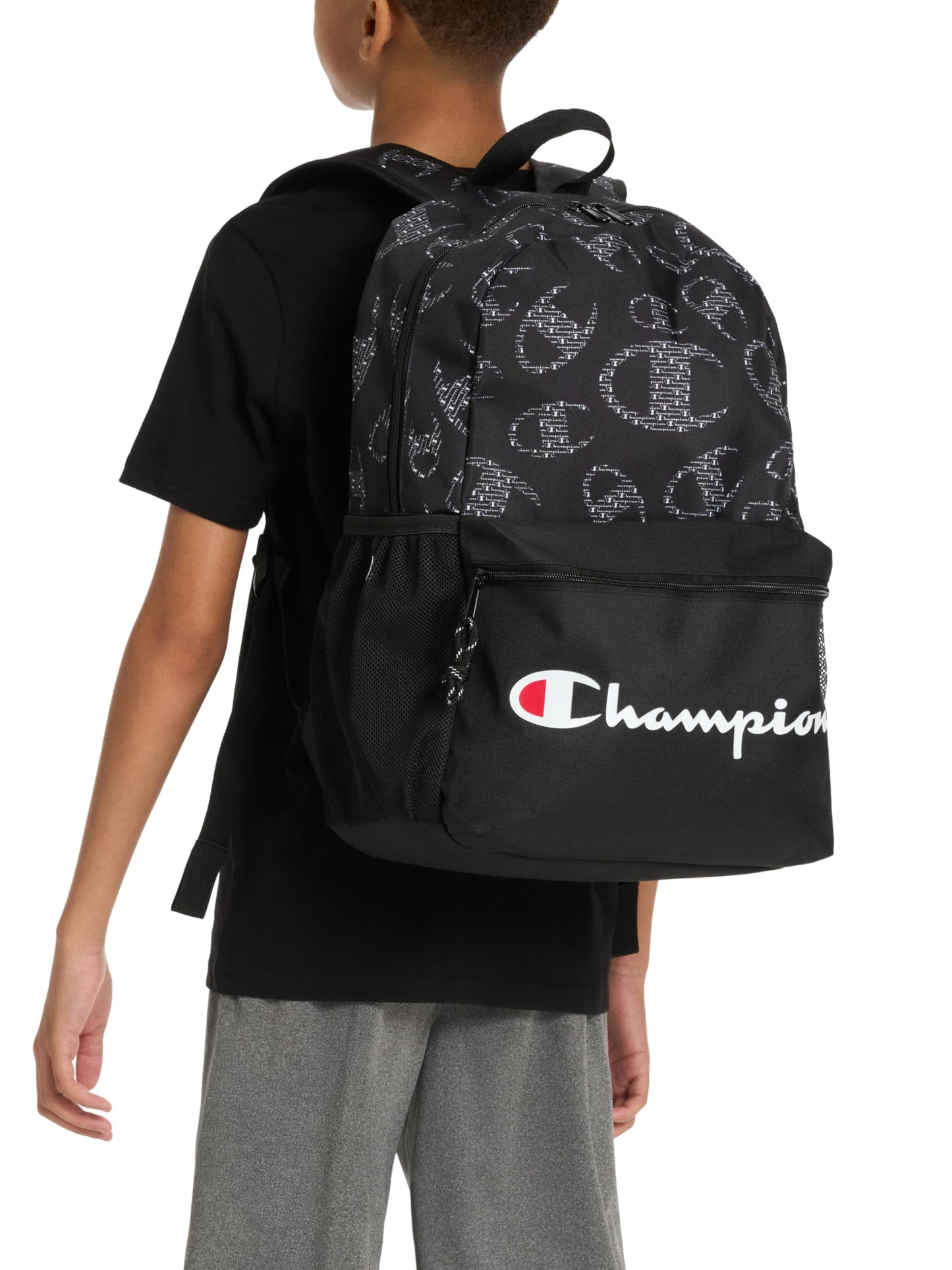 Champion Kids' Merit Backpack with Padded Straps, Water Bottle Pocket and Laptop Compartment for Daily Use, Black/Grey, One Size