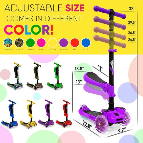 Hurtle 3-Wheeled Kids Scooter - LED Wheel Lights, Adjustable Handlebar & Foldable Seat | Sit or Stand Ride for Ages 1-14
