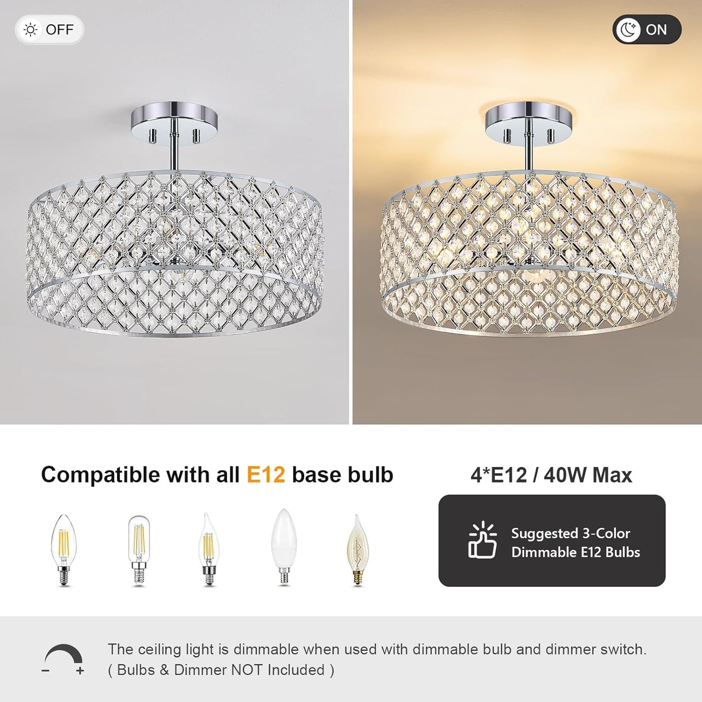 Modern Black Crystal Semi Flush Mount Ceiling Light Fixture - 11.2" Round Chandelier for Dining Room, Hallway, Kitchen & Bedroom