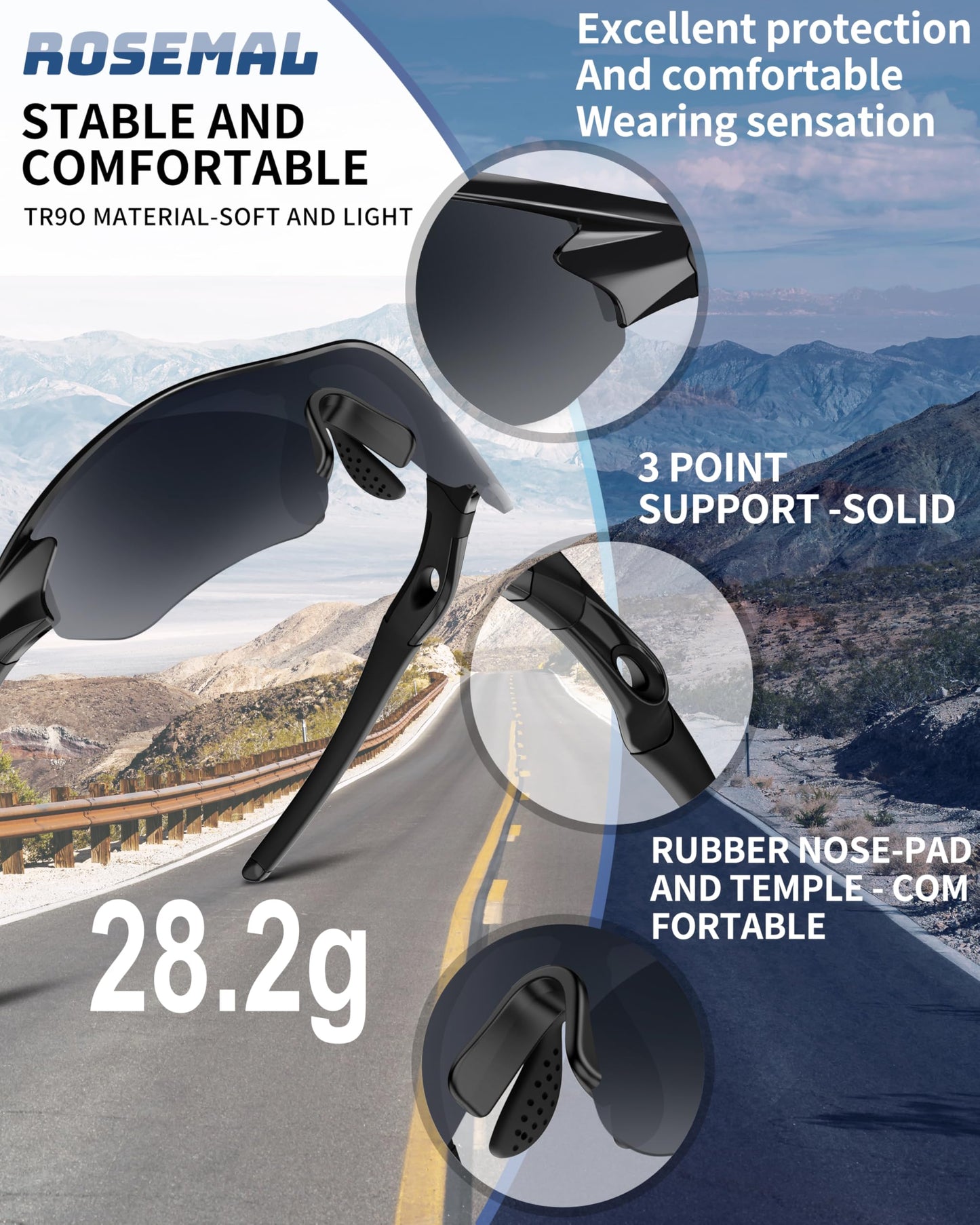 Rosemal Sunglasses Men Polarized Sports UV400 Protection TR90 Frame for Running Cycling Baseball Golf Tennis Hiking Fishing Driving