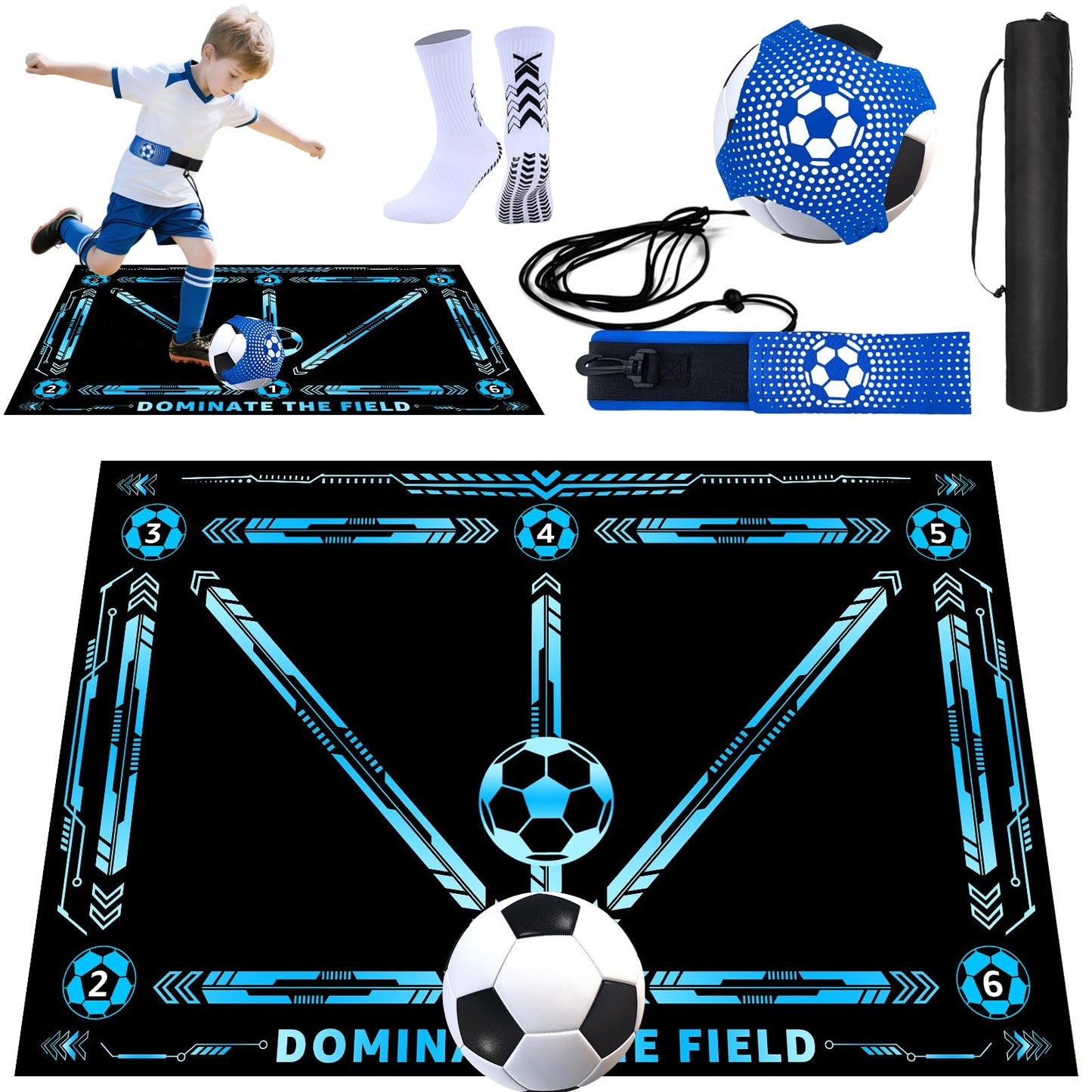Doskona Football Footstep Training Mat, Soccer Training Mat 35 * 24IN, Soccer Practice Equipment with Storage Bag and Soccer Return Trainer Net (New Black-Blue)