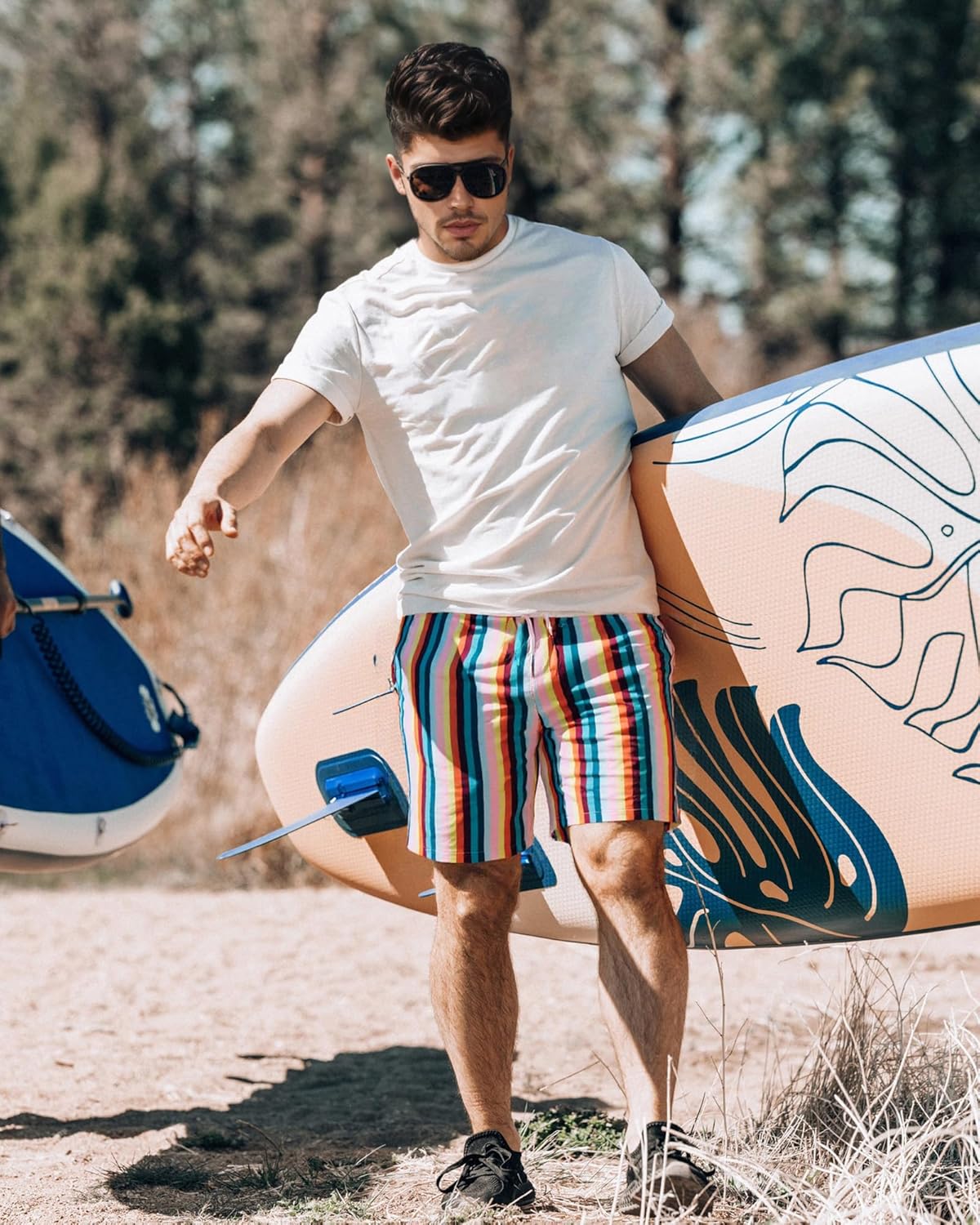 Surf Cuz Men's Swim Trunks - Quick Dry Compression Liner with Zipper Pockets | Vintage Stripes, XS