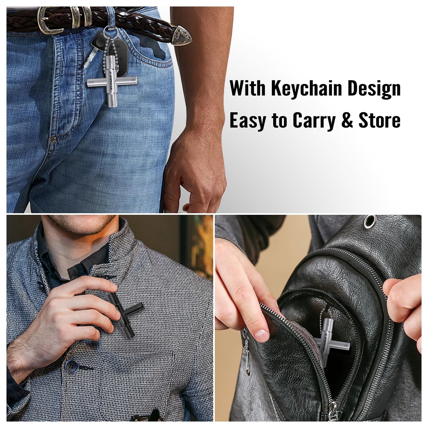 Pinoze 4 Way Sillcock Water Key, 1/4", 9/32", 5/16", 11/32", 2-Pack Steel Multi-Function Utility Key with Keychain for Sillcocks Faucets Valves Spigots, Silver & Black