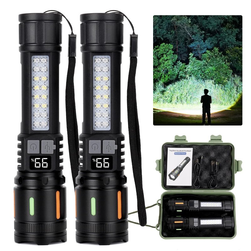 Rechargeable Flashlights High Lumens 900,000L (2 Packs), 5 Modes Super Bright Led Handheld Flash light Battery Powered with COB Side Light, USB C Charging, Power Display, Waterproof, Zoomable Beam