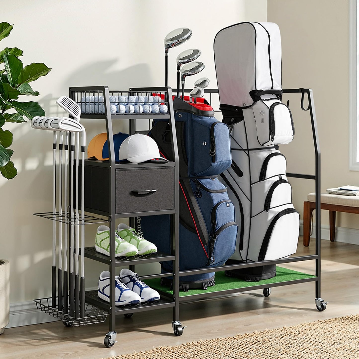 Golf Bag Organizer Storage Rack, Rolling Golf Storage Organizer for Garage with Wheels, 4-Tier Storage, Turf Mat, Carbon Steel