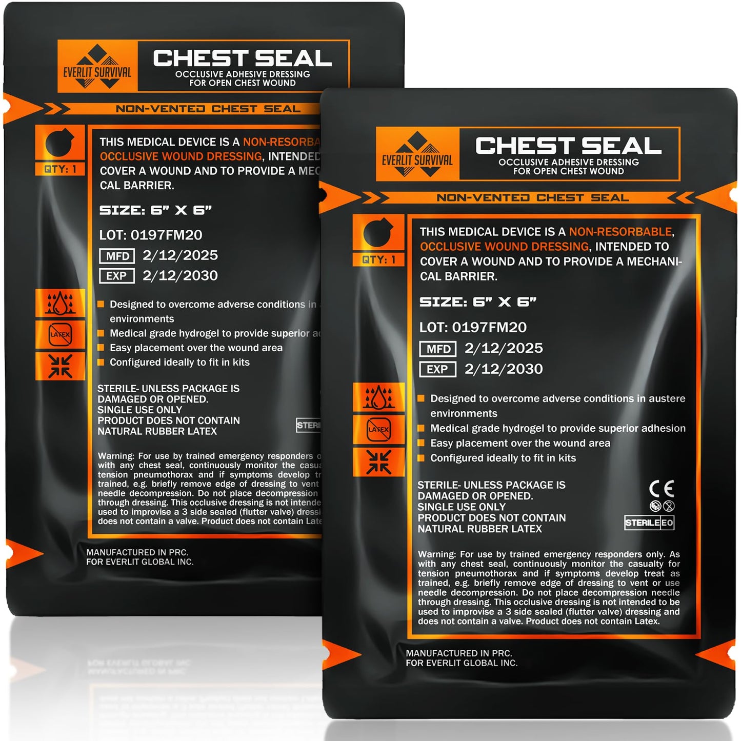 EVERLIT Occlusive Chest Seal Non-Vented Adhesive Dressing for Open Chest Injury and Sucking Chest Wound (2 Count)