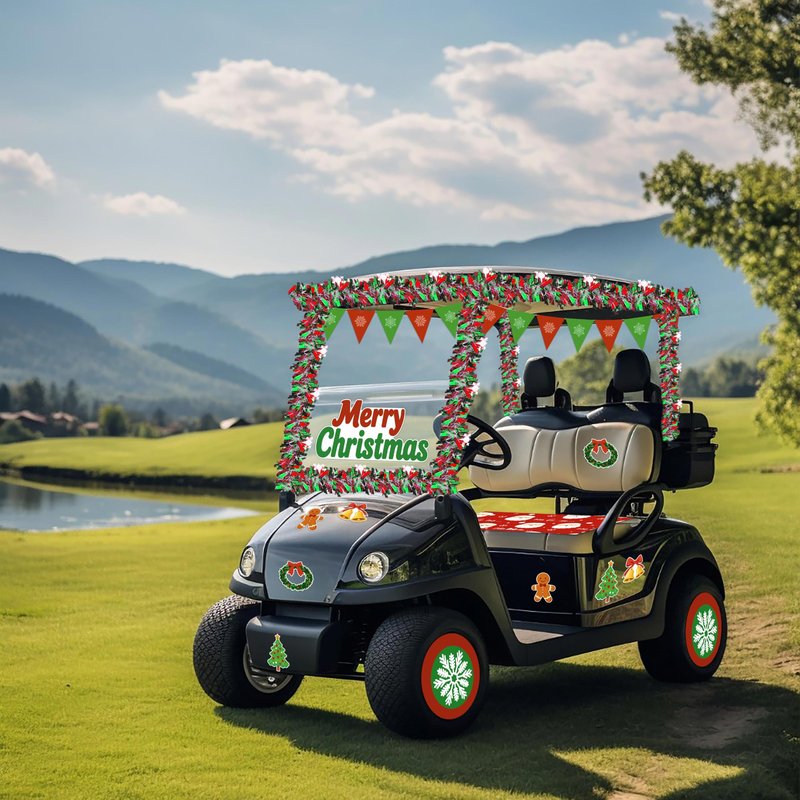 Moon Boat 21Pcs Christmas Golf Cart Decorations - Seat Cover Tinsel Garland Stickers Banner Accessories Kit for Parade Decor