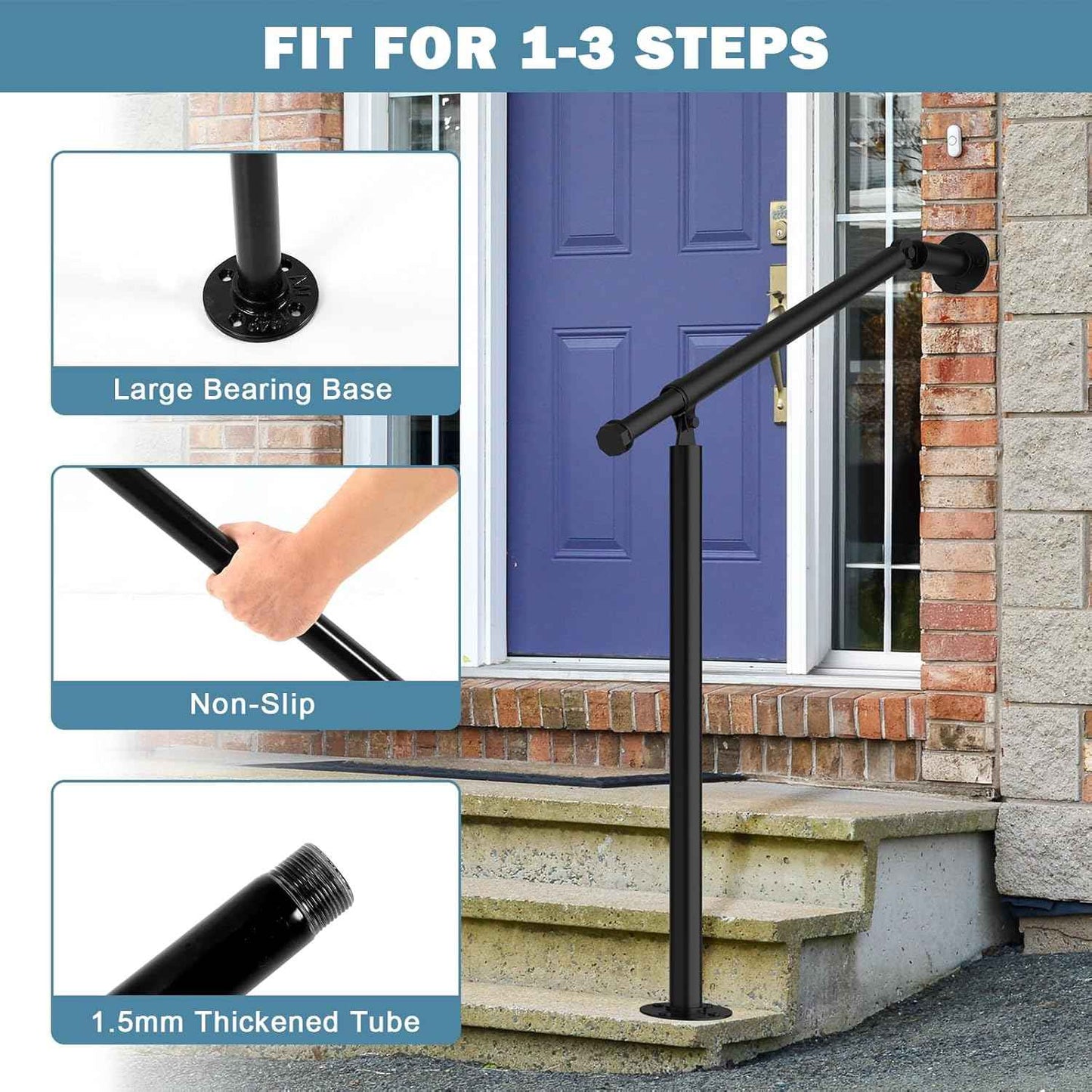 Hand Rails for Outdoor Steps - 2 Pack Metal Railing Kit for 1-3 Steps, Concrete & Brick