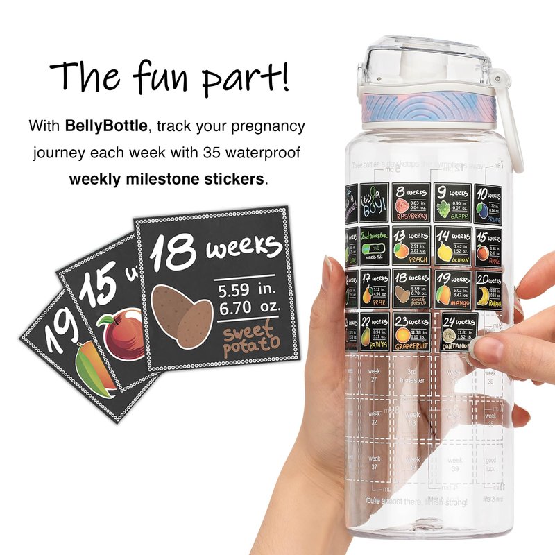 BellyBottle Pregnancy Water Bottle Tracker – Pregnancy Must Haves First Trimester – Pregnant Gifts for Expecting Mom – Essentials Nausea Relief – Weekly Stickers + Straw + BPA Free – Tidye