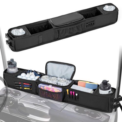 PGmoon Golf Cart Storage Tray, No-Drilling Front Storage Basket Compatible with EZGO, Club Car, Kandi Golf Carts, Organizer with Cooling Compartment (Patent Design)