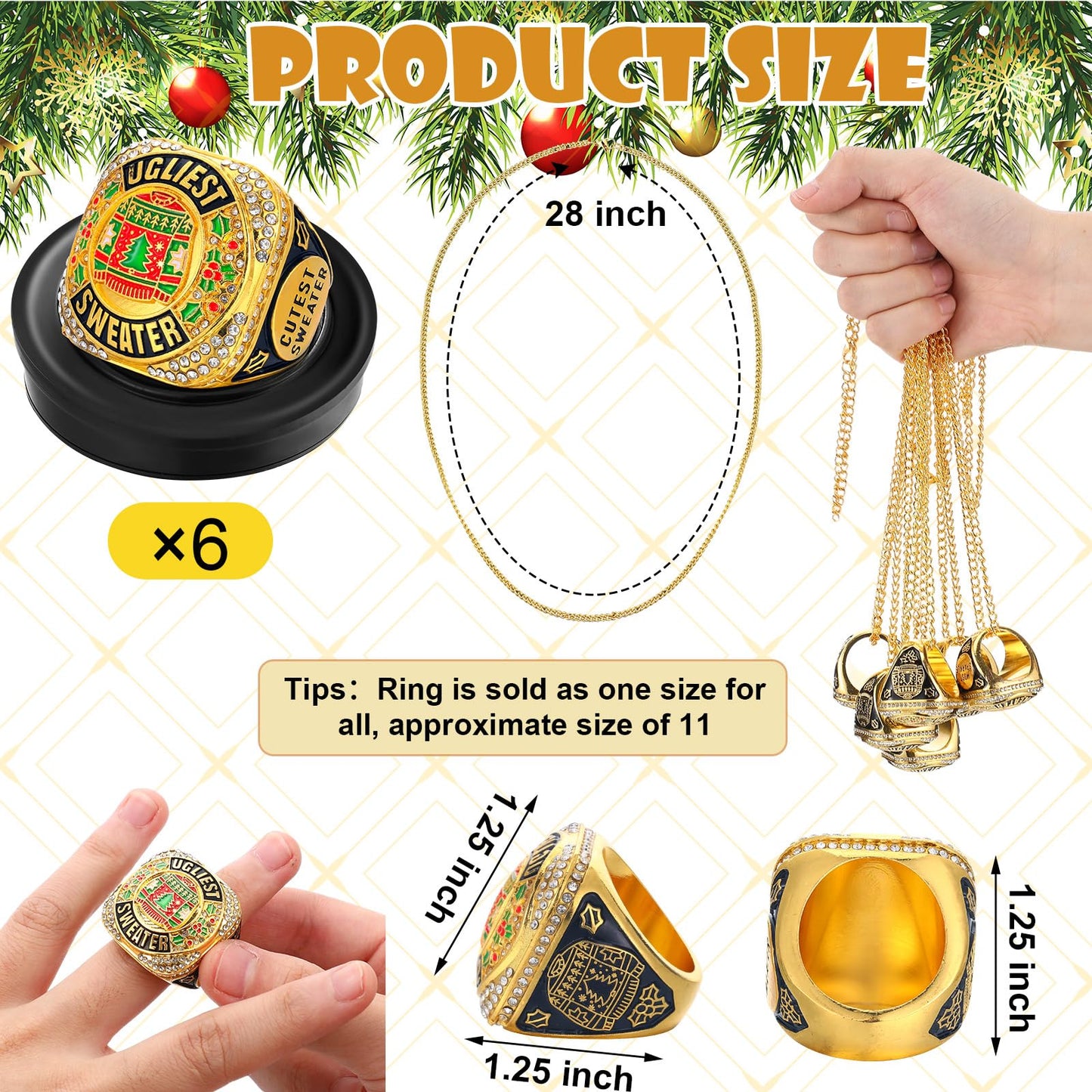Highergo 6pcs Ugly Christmas Sweater Championship Trophy Ring Ugly Sweater Costume Contest Award with Display Neck Chain and Stand for Xmas Ugliest Sweater Contest Christmas Party Gift Competition
