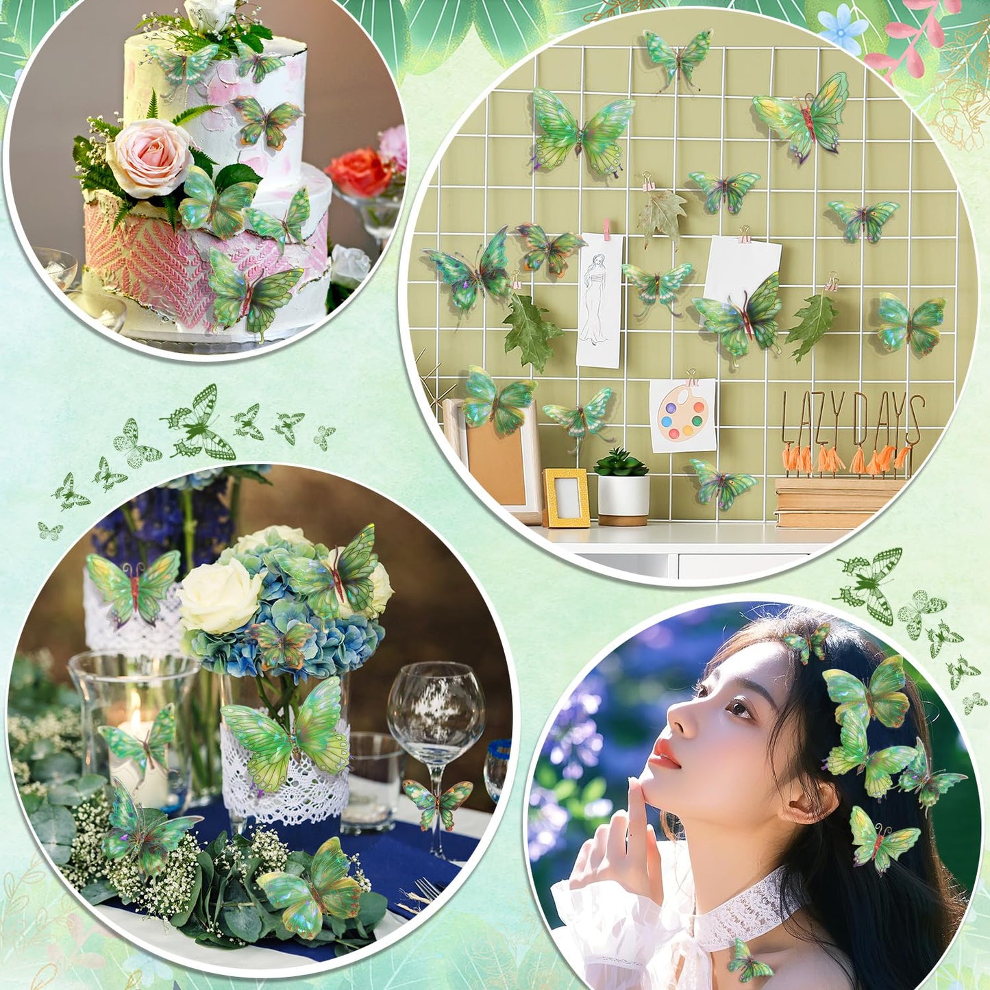 3D Butterfly Wall Decor - 50PCS Removable PVC Butterflies Wall Stickers- Multi-Size (2.8"-3.9")- DIY Removable Wall Art Decal for Kids Room, Nursery, Bedroom, Classroom, Party Decoration (Green)