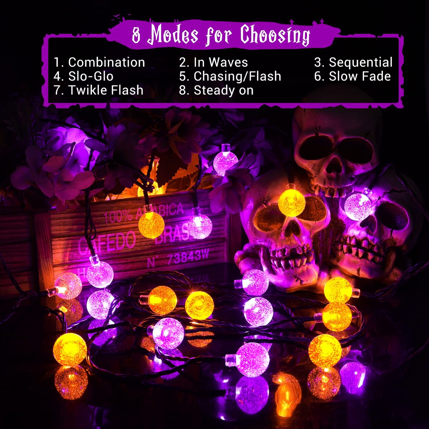 Lomotech Halloween Solar Lights - 72FT 100 LED Orange Purple String Lights Outdoor, 8 Modes Waterproof Crystal Globe Lights for Halloween Decoration