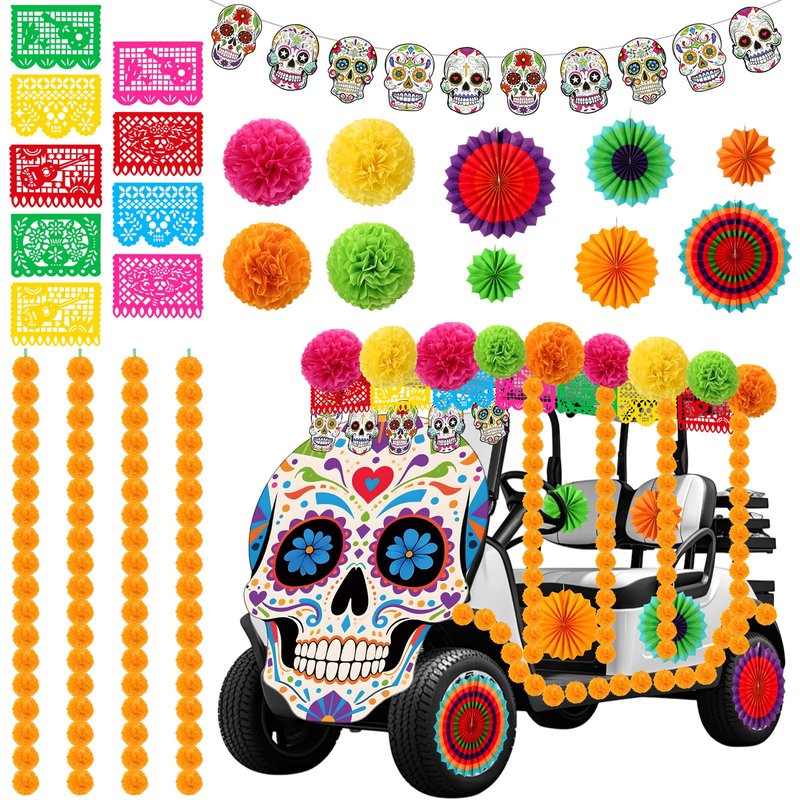 Suncalla 25 Pcs Day of the Dead Golf Cart Decorations Dia De Los Muertos Car Decoration Marigold Garland Mexican Party Banners Pom Poms Hanging Paper Fans for Halloween Golf Cart Party Decor
