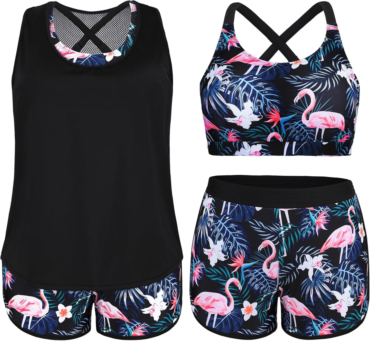 NIeyook Plus Size 3-Piece Tankini Swimsuit - Athletic Bathing Suit with Boy Shorts & Sports Bra