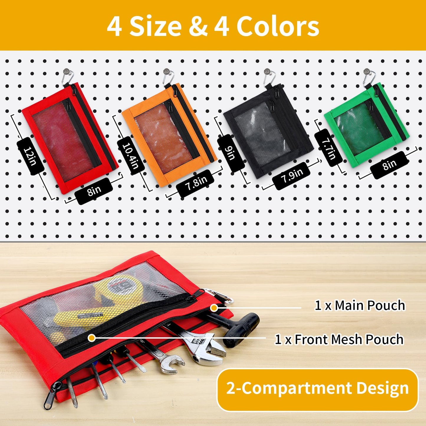 OTraki 4 Pack Tool Pouch Zipper Bag Oxford Small Tool Bag Multipurpose Storage pouch Clear Utility Bag Heavy Duty Flat Bottom Tool Organizers and Storage bag with YKK Zipper