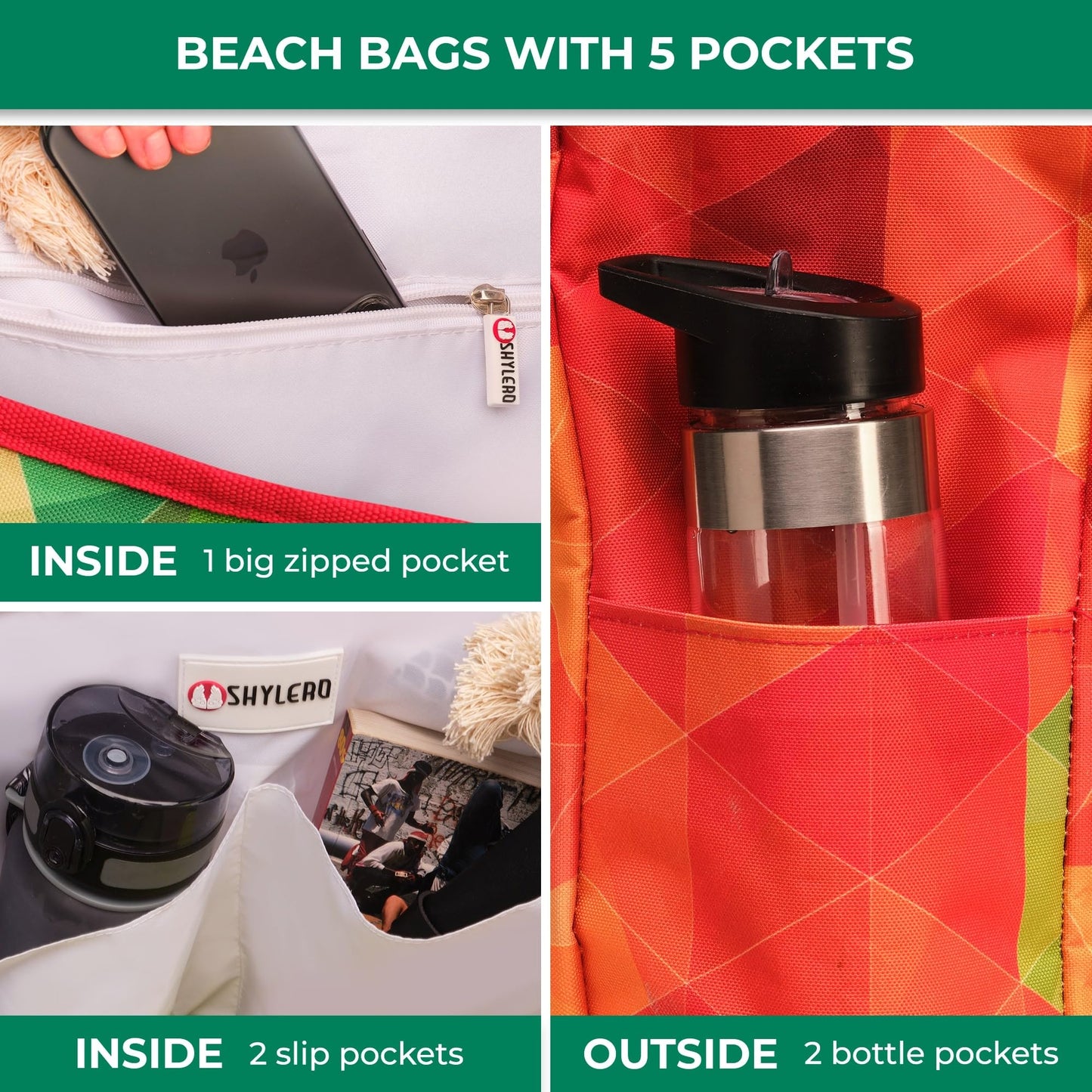 SHYLERO Beach Bag and Pool Bag Has Cooler Pocket, 7 Pockets Total, Zip Top. Family Size Waterproof Beach Tote
