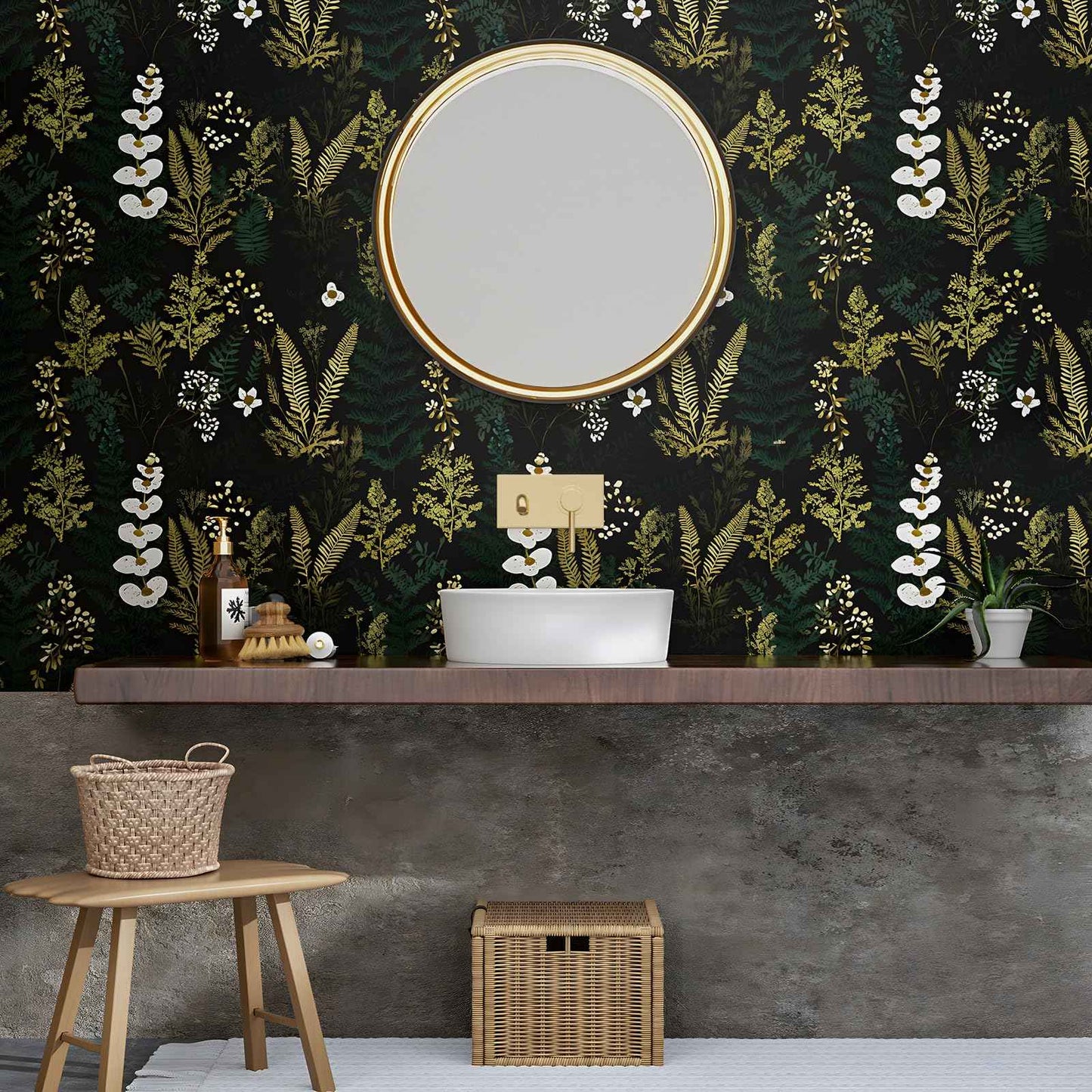 Black Floral Wallpaper Peel and Stick Dark Green Gold Leaf Contact Paper Waterproof Self-Adhesive Forest Tropical Fern Wall Paper for Bedroom Countertop Desk Cabinets 17.4" x 118" Renter Friendly