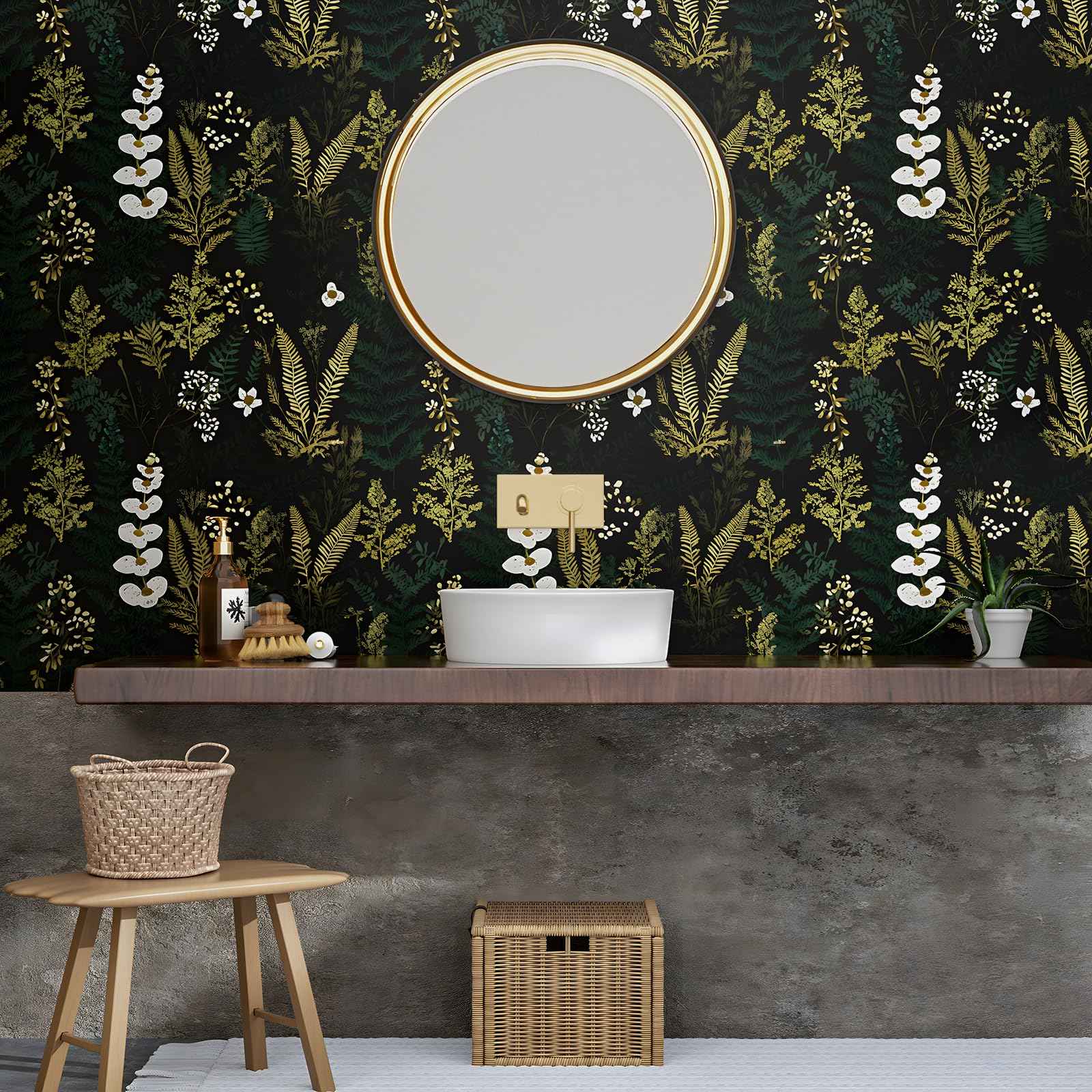 Black Floral Wallpaper Peel and Stick Dark Green Gold Leaf Contact Paper Waterproof Self-Adhesive Forest Tropical Fern Wall Paper for Bedroom Countertop Desk Cabinets 17.4" x 118" Renter Friendly