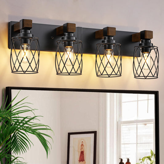 XvmBvm Farmhouse Bathroom Vanity Light, 4-Light Wood Bathroom Light Fixtures Over Mirror, Black Industrial Vanity Lights with Metal Shade, Rustic Bathrooms Lighting for Living Room, Bedrooms, Hallway