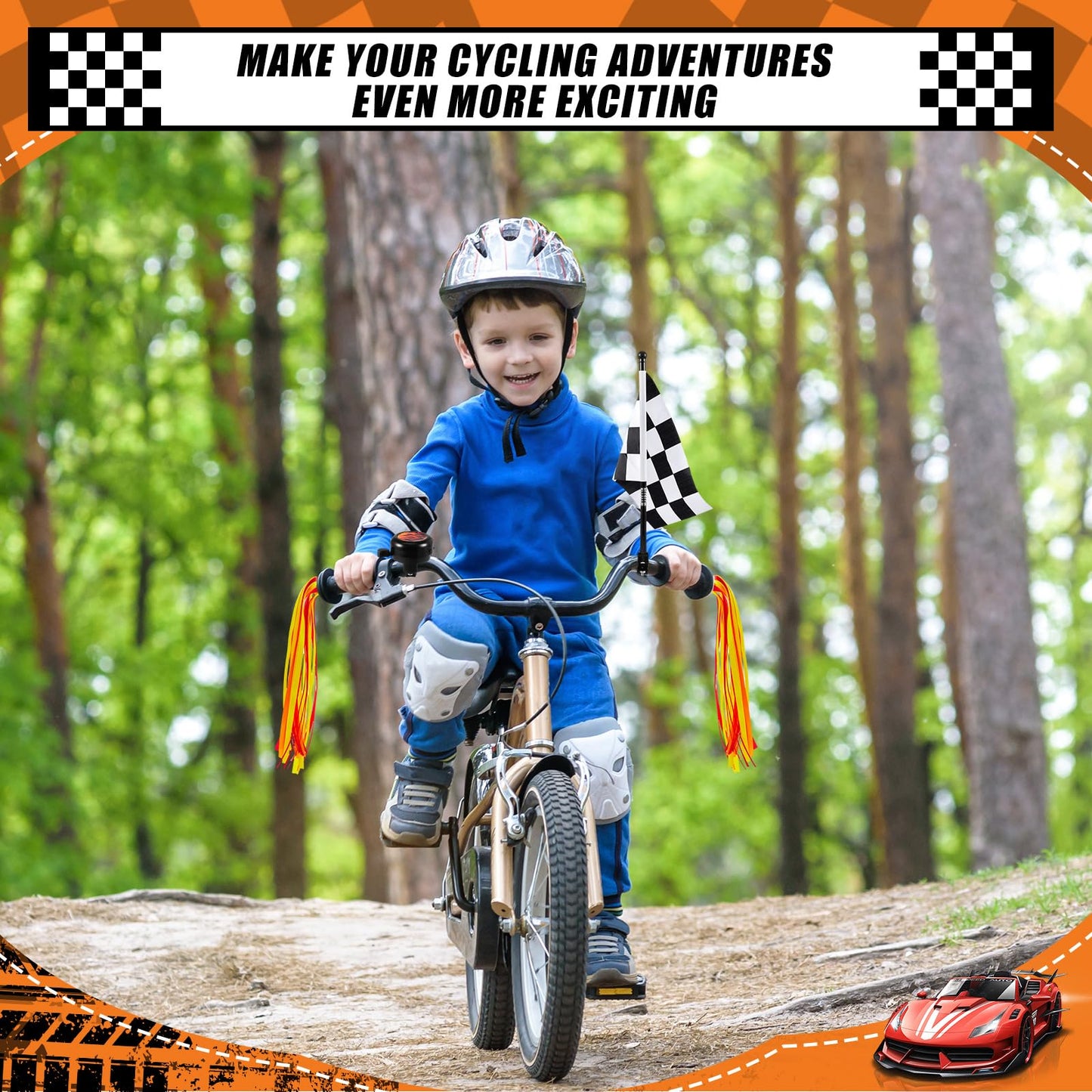 Liliful 5 Pcs Kids Bike Accessories Sets Include 2 Pcs Flame Bike Tassel Streamers Bell 2 Black and White Checkered Flags Pinwheel Toddler Kids Boys Girls Gift Decoration Kit