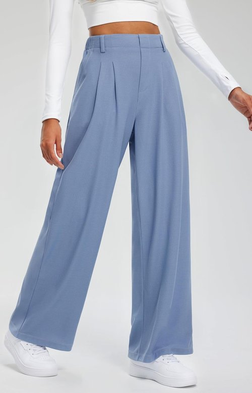 Libin Women's Wide Leg Pants - High Waisted Waffle Knit Casual Trousers with Pockets | Denim Blue, XL
