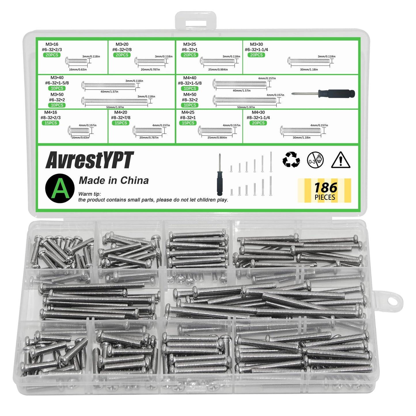 186 Pcs Machine Screw Assortment Kit, Phillips Pan Head Machine Screws, Outlet Cover Screws, Wall Plate ScrewsStainless Steel Bolts for Mounting Wall Plate Switch Electrical Panel Screwss